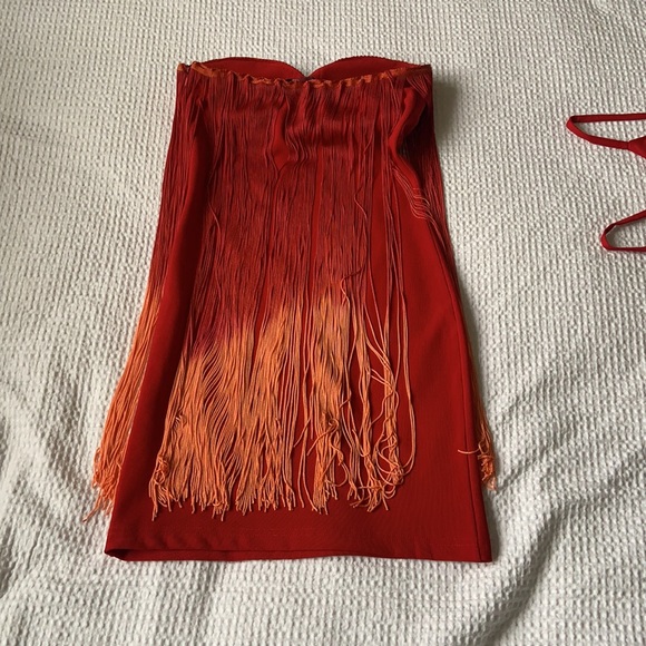 Red dress with red and orange fringe - Picture 2 of 4